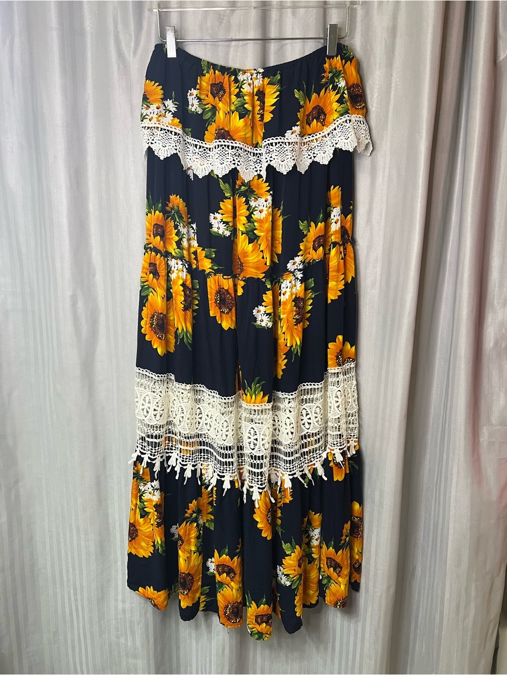 Altar'd State Navy Floral Sunflower Maxi Dress with Crochet Trim size Medium